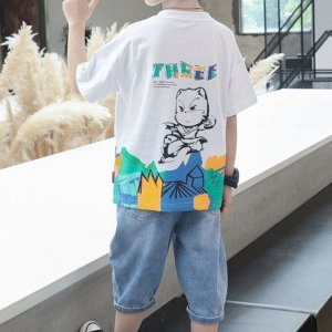 Летний комплект для мальчика: футболка с принтом + джинсовые шорты, белый/синий