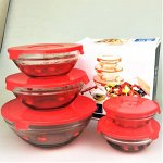 Набор салатников, 5шт ( D:9/10,5/12,5/14/17см), с крышками, жаропрочное стекло 1/16