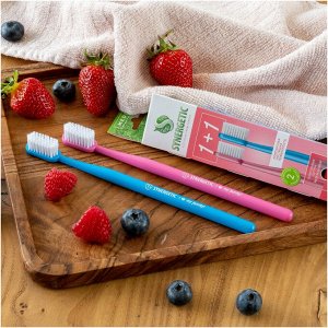 Зубная щетка для взрослых SYNERGETIC Eco dental care, medium, 2 шт. (розовая, голубая)