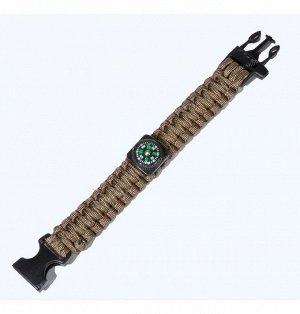 Paracord bracelet with compass,buckle with whistle and flint, coyote