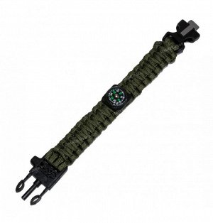 Paracord bracelet with compass,buckle with whistle and flint, olive