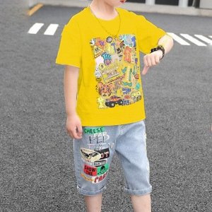 Летний комплект для мальчика (футболка + джинсовые шорты), с принтом, желтый/голубой