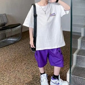 Летний комплект для мальчика: футболка с принтом + шорты, белый/фиолетовый