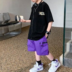 Летний комплект для мальчика: футболка с принтом + шорты, черный/фиолетовый