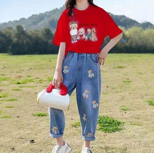Комплект для девочки (футболка + свободные джинсы), с принтом, красный/синий