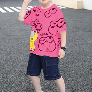 Летний комплект для мальчика: футболка с принтом + джинсовые шорты, розовый/темно-синий