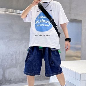 Летний комплект для мальчика: футболка с принтом + джинсовые шорты, белый/темно-синий