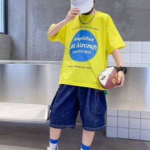Летний комплект для мальчика: футболка с принтом + джинсовые шорты, желтый/темно-синий