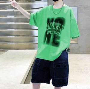 Летний комплект для мальчика: футболка с принтом + джинсовые шорты, зеленый/темно-синий
