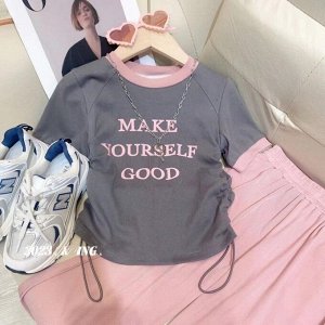 Костюм-двойка для девочки: футболка с кулисками по бокам + широкие брюки с эластичным поясом, темно-серый/розовый