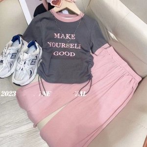 Костюм-двойка для девочки: футболка с кулисками по бокам + широкие брюки с эластичным поясом, темно-серый/розовый