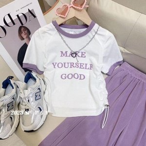Костюм-двойка для девочки: футболка с кулисками по бокам + широкие брюки с эластичным поясом, белый/фиолетовый