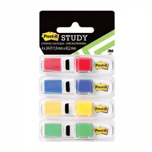 Закладки клейкие POST-IT Study , пластиковые, 12 мм, 4 цвета