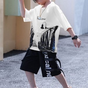 Летний комплект для мальчика (футболка + шорты), с принтом, белый/черный