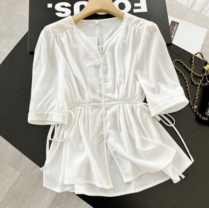 Блуза с V-образным вырезом и шнуровкой на талии, белый
