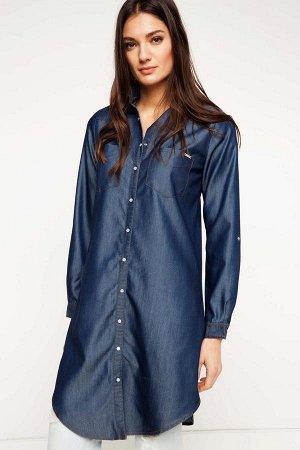 Туника Poliester 42% Lyocell(Tencel) 58% Long Sleeve Woman Tunic; Long Lenght, Normal Cut, Polo Neck, Blue Woven Conservative Tops;