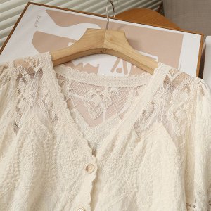 Кружевная блуза с короткими рукавами и V-образным вырезом, бежевый