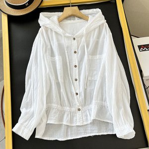 Летняя солнцезащитная куртка-рубашка с капюшоном и накладными карманами, белый