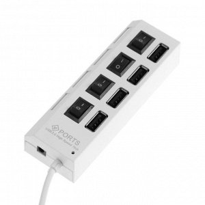 USB-разветвитель Luazon, 4 порта с индивидуальными выключателями, белый