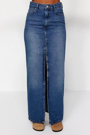 Синяя джинсовая юбка макси с разрезом