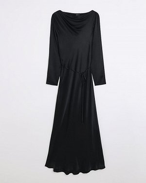 Черное атласное платье макси с завязкой на талии