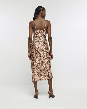 Коричневое атласное платье-комбинация миди с леопардовым принтом