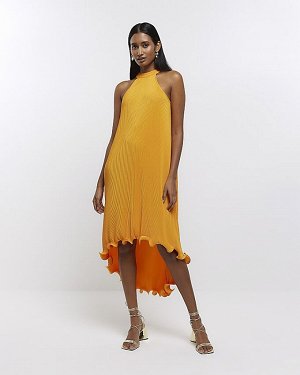 Оранжевое платье миди с воротником-бретелькой
