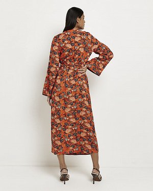 Оранжевое платье миди с длинными рукавами и цветочным принтом