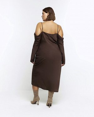 Плюс коричневое платье миди с открытыми плечами и открытыми плечами