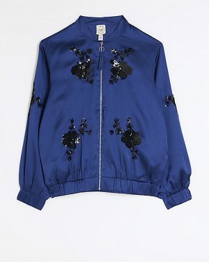 Темно-синяя атласная куртка-бомбер с украшением