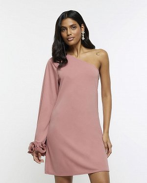 Розовое облегающее мини-платье на одно плечо