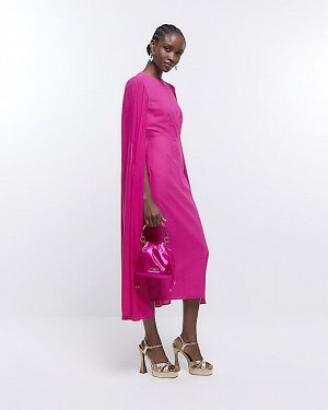 Розовое шифоновое платье миди с рукавами-накидкой