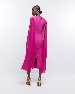 Розовое шифоновое платье миди с рукавами-накидкой