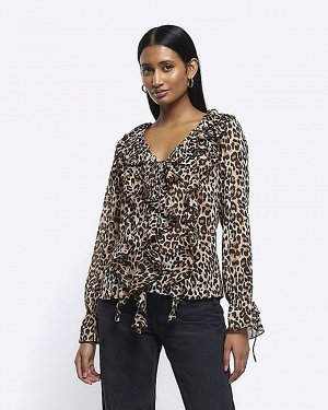 Бежевая шифоновая блузка с леопардовым принтом и оборками
