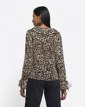 Бежевая шифоновая блузка с леопардовым принтом и оборками