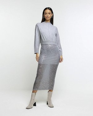 Платье-джемпер миди с серебряной юбкой и пайетками