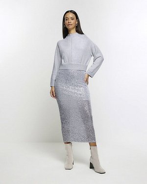 Платье-джемпер миди с серебряной юбкой и пайетками