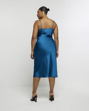 Синее атласное платье миди с завязками на талии Plus