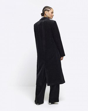 Черное бархатное длинное пальто с блестками