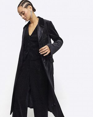 Черное бархатное длинное пальто с блестками