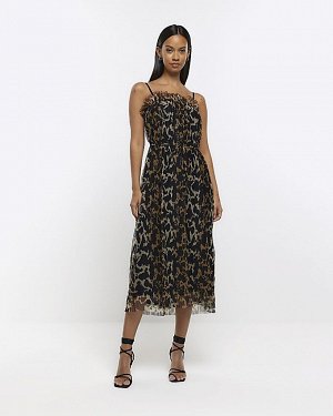 Черное плиссированное платье миди с леопардовым принтом