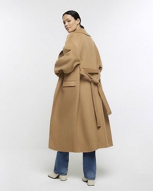 Бежевое пальто с поясом из смесовой шерсти