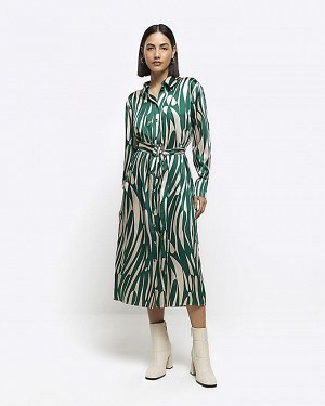 Зеленое платье-рубашка миди с абстрактным поясом и поясом