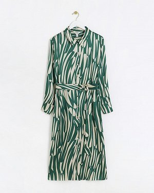 Зеленое платье-рубашка миди с абстрактным поясом и поясом