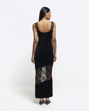 Черное бархатное кружевное платье-комбинация макси