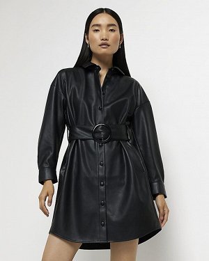Черное платье-рубашка мини из искусственной кожи