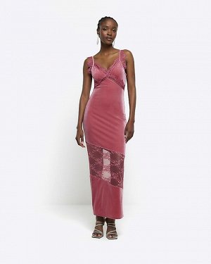 Розовое бархатное кружевное платье-комбинация