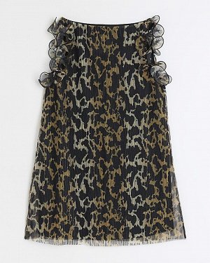 Коричневое плиссированное платье мини с леопардовым принтом и оборками