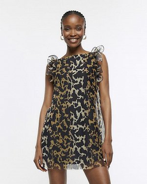Коричневое плиссированное платье мини с леопардовым принтом и оборками