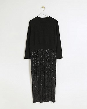 Черное платье-джемпер миди с юбкой с пайетками